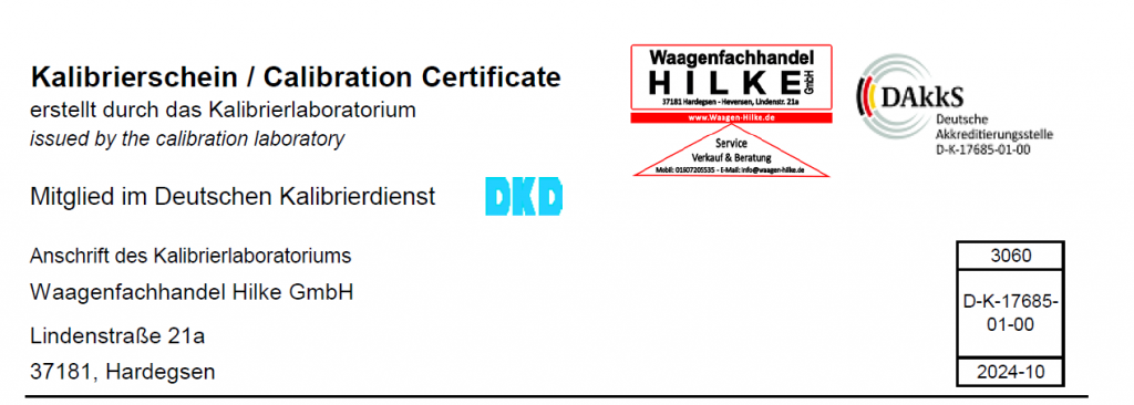 Kalibrierschein für Waagen nach DIN EN ISO/IEC 17025